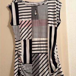 New York & Company Geometric Striped Tunic - Black, White, Pink